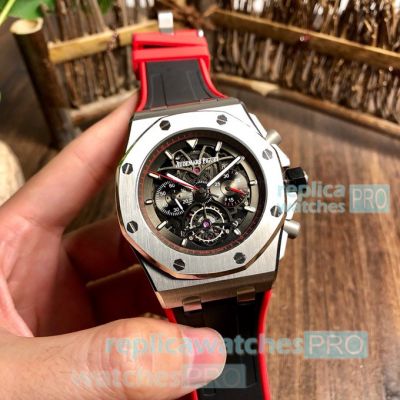 Copy Audemars Piguet Royal Oak Chronograph Silver Bezel Black & Red Rubber Strap Watch